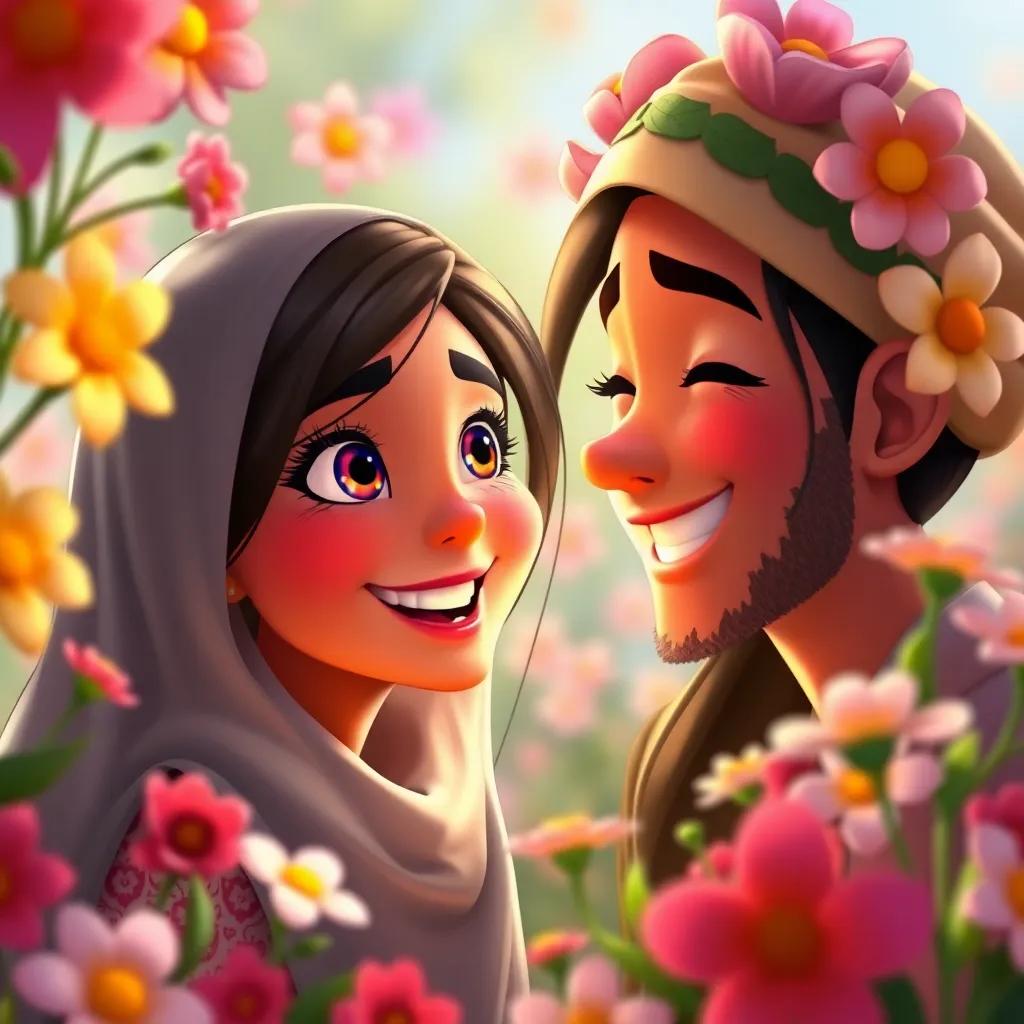 A close-up of Zahra with bright eyes and a big smile, laughing while talking to Qais, flowers all around them, representing friendship and love, cheerful colors, heartwarming atmosphere, vivid details