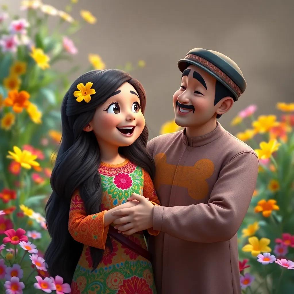 Zahra, a young Arab girl with long, dark hair in a colorful dress, looking surprised with joy, while Qais holding her hands, revealing his feelings, colorful flowers surrounding them, intimate moment, soft light