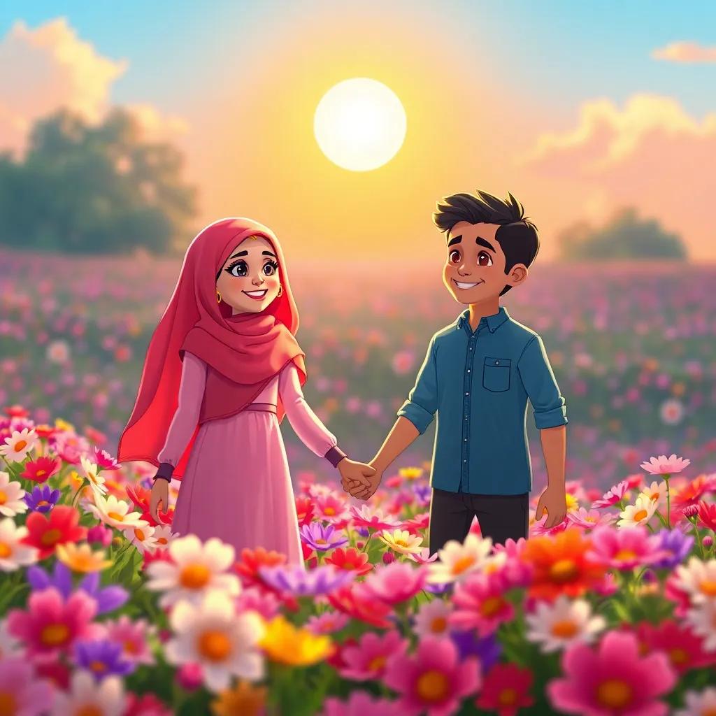 A beautiful scene with Zahra and Qais holding hands in a flower field, vibrant flowers surrounding them, sun shining above, symbolizing love and friendship, cheerful atmosphere, bright colors, heartwarming