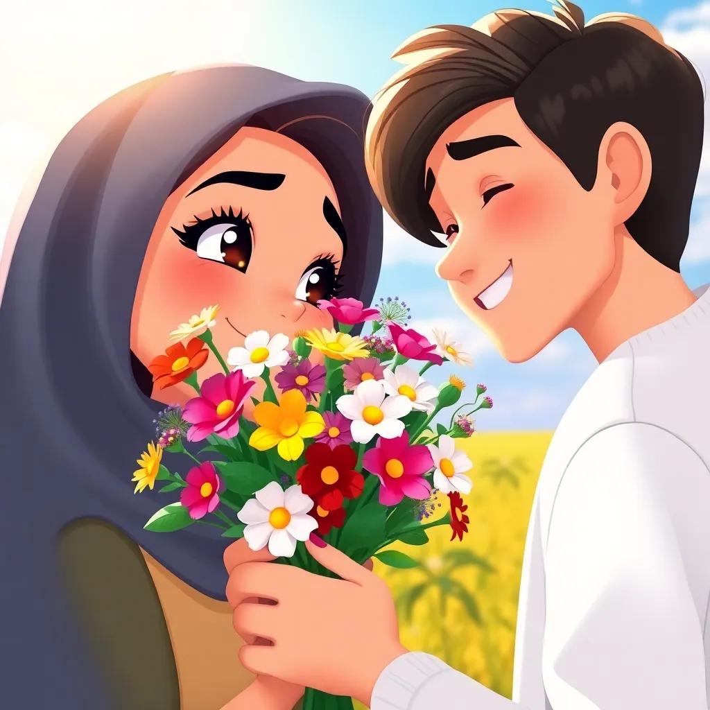 A close-up of Zahra receiving a bouquet of colorful flowers from Qais, her eyes sparkling with happiness, sunny field background, beautiful moment of love, vivid colors, joyful expression, detailed illustration