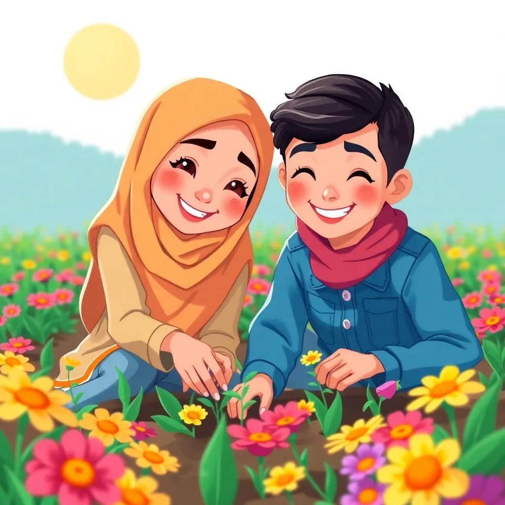 Zahra and Qais working together in the flower field, planting new seeds with smiles on their faces, sunny day, bright flowers, teamwork and friendship, colorful scene, happy atmosphere, heartwarming