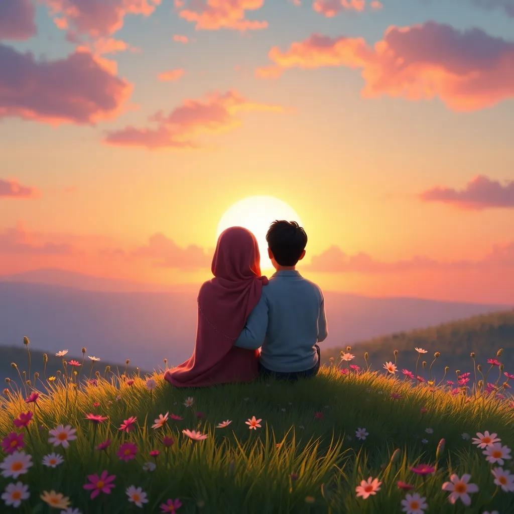 A lovely scene of Zahra and Qais sitting on a grassy hill, looking at the sunset, surrounded by flowers, dreamy atmosphere, colors of dusk, peaceful moment, friendship and love