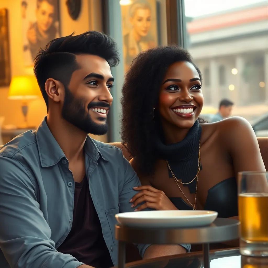 A young man, Omar, with white skin and a neat beard, sitting in a cozy cafe, talking with a beautiful dark-skinned woman, Rihanna, who is smiling and interested, warm light, inviting atmosphere, digital art, high quality