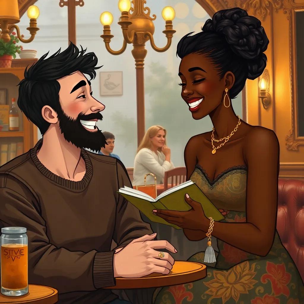 Omar, a young man with white skin and a neat beard, laughing with Rihanna, a beautiful dark-skinned woman, as they share stories in a cozy cafe, warm colors, friendly vibe, illustration, detailed, heartwarming