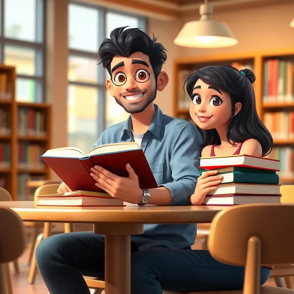 A young Arab man, Sami, with black hair, wearing a casual shirt and jeans, sitting at a university library table with big books, studying together with a girl, digital art, cheerful atmosphere, bright colors, warm lighting, close-up