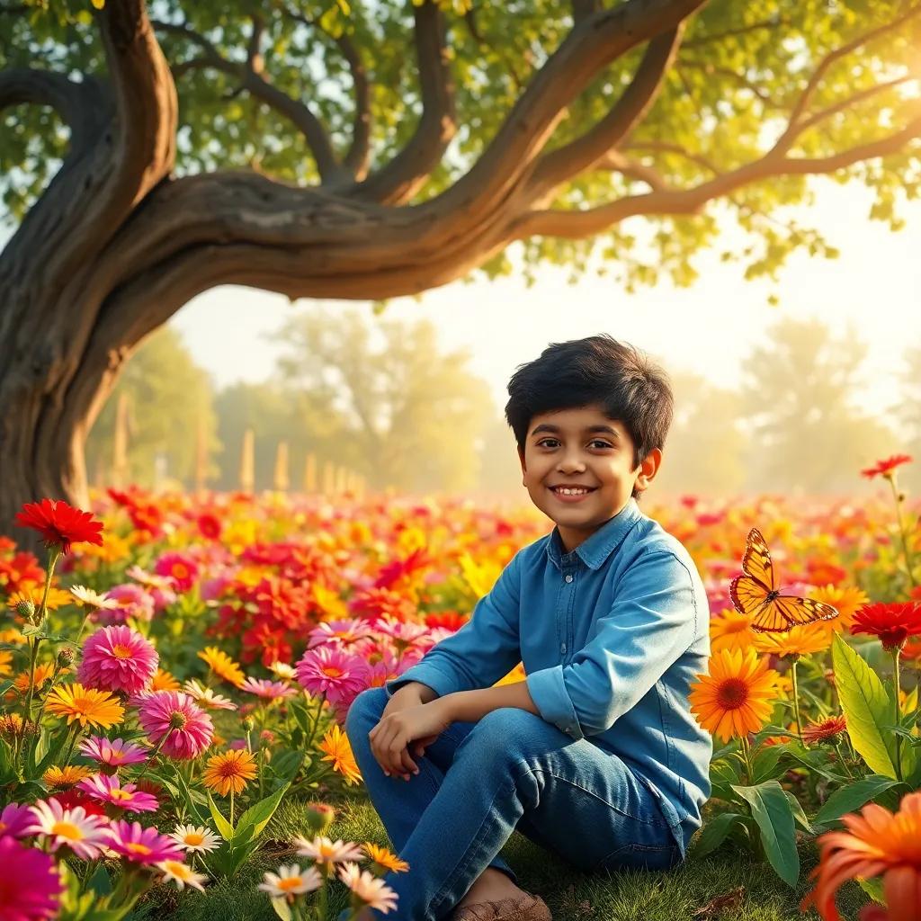 A young Arab boy, Sami, with short black hair wearing a blue shirt and jeans, sitting under a large tree in a vibrant flower garden with colorful flowers and butterflies, cheerful, warm sunlight, digital art, vivid colors, inviting atmosphere, high quality