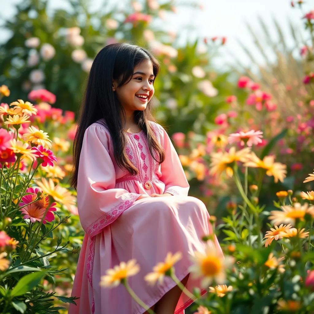 A young Arab girl, Layla, with long black hair, wearing a pink dress and white sandals, laughing with Sami among blooming flowers in a sunny garden, joyful, bright colors, magical atmosphere, high quality
