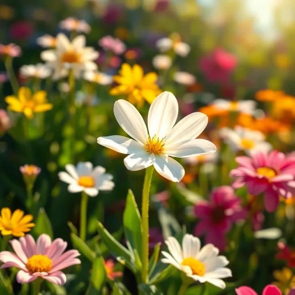 A small white flower, Leila, sparkling in the sunlight, surrounded by colorful flowers in the garden, illustration, warm and inviting, child-friendly