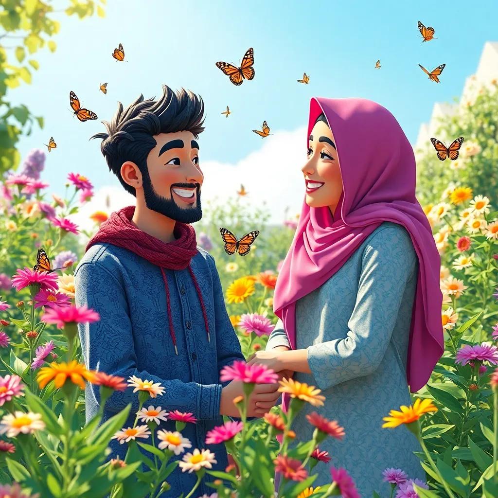 Sami and Leila happily chatting in the garden, with butterflies fluttering around them and birds singing in the background, bright sunny day, colorful plants, heartwarming scene, art style