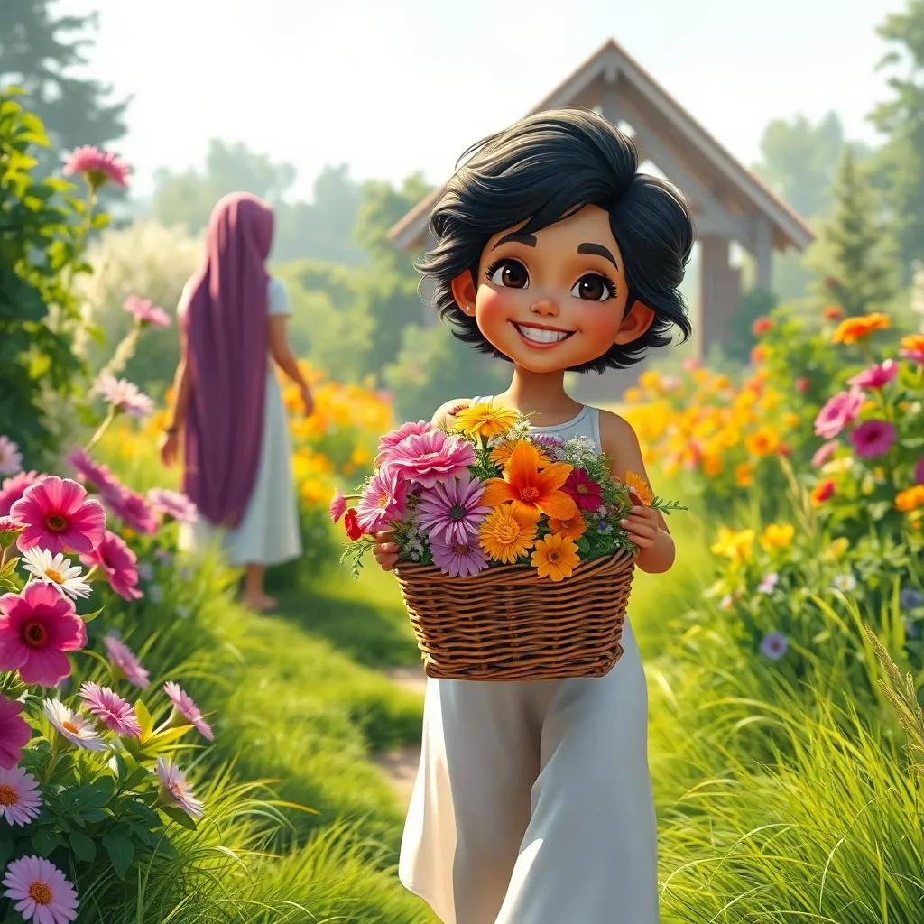 Sami with a basket filled with colorful flowers, walking towards Leila in the garden, full of greenery and sunshine, digital painting, joyful, cheerful perspective, friendly