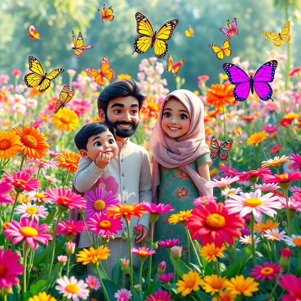 A vibrant garden filled with happy flowers, with Sami and Leila in the center, and colorful butterflies dancing around them, joyful scenes, child-friendly, fantasy