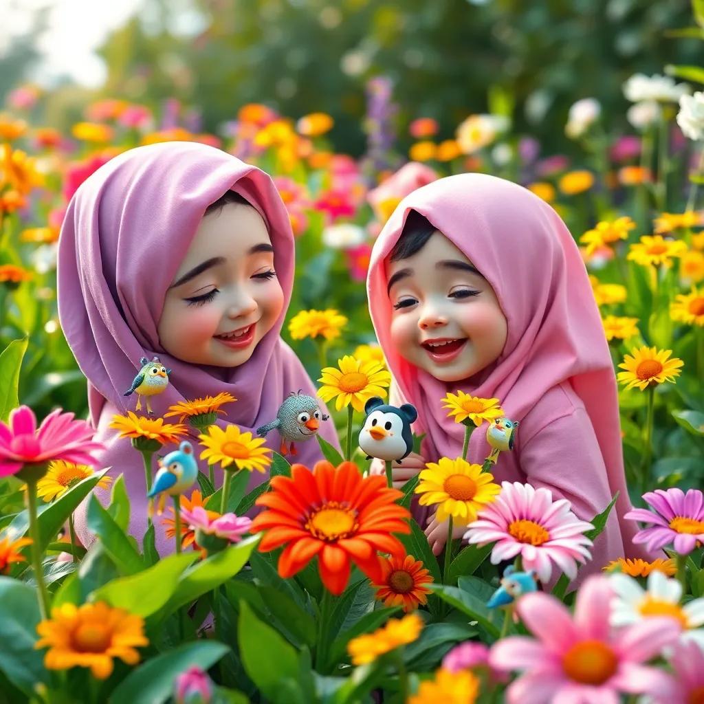 Sami and Leila surrounded by their flower friends, all playing together in a lush garden, with smiles and laughter echoing, bright colors, happy atmosphere, detailed visual