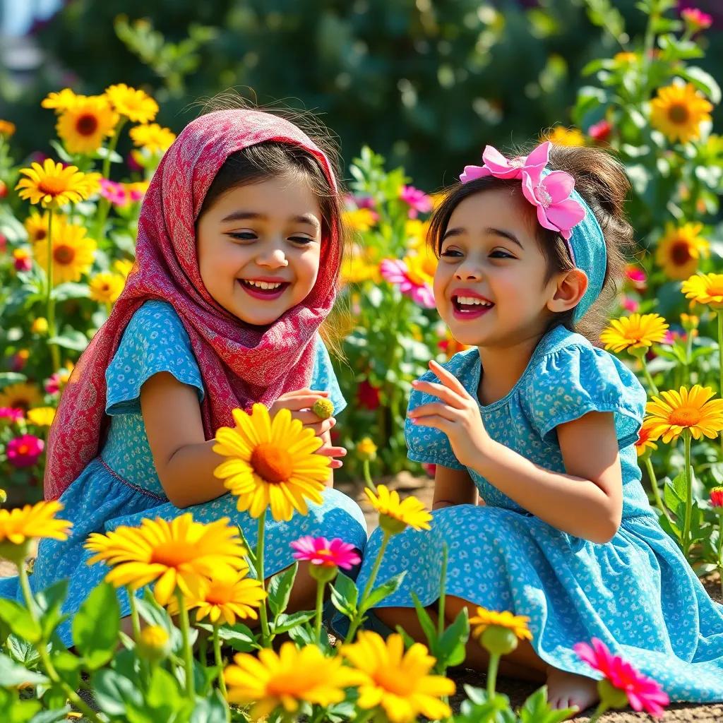 Sami and Leila, with other flowers, playing games together in the sunny garden, joyful expressions, colorful environment, bright light, fun and energetic scene