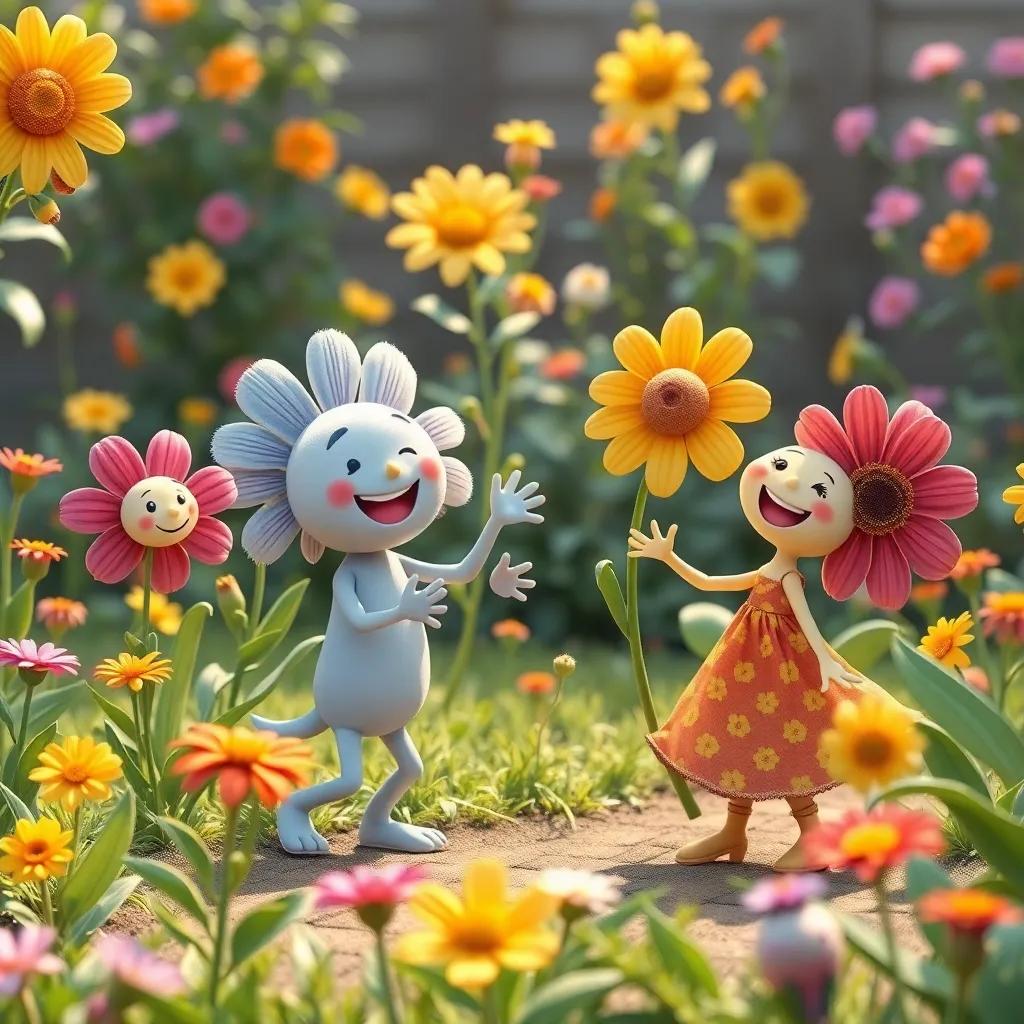 A heartwarming scene of colorful flowers dancing and being friends with Sami in the garden, big smiles, vibrant colors, making music together, friendly illustration