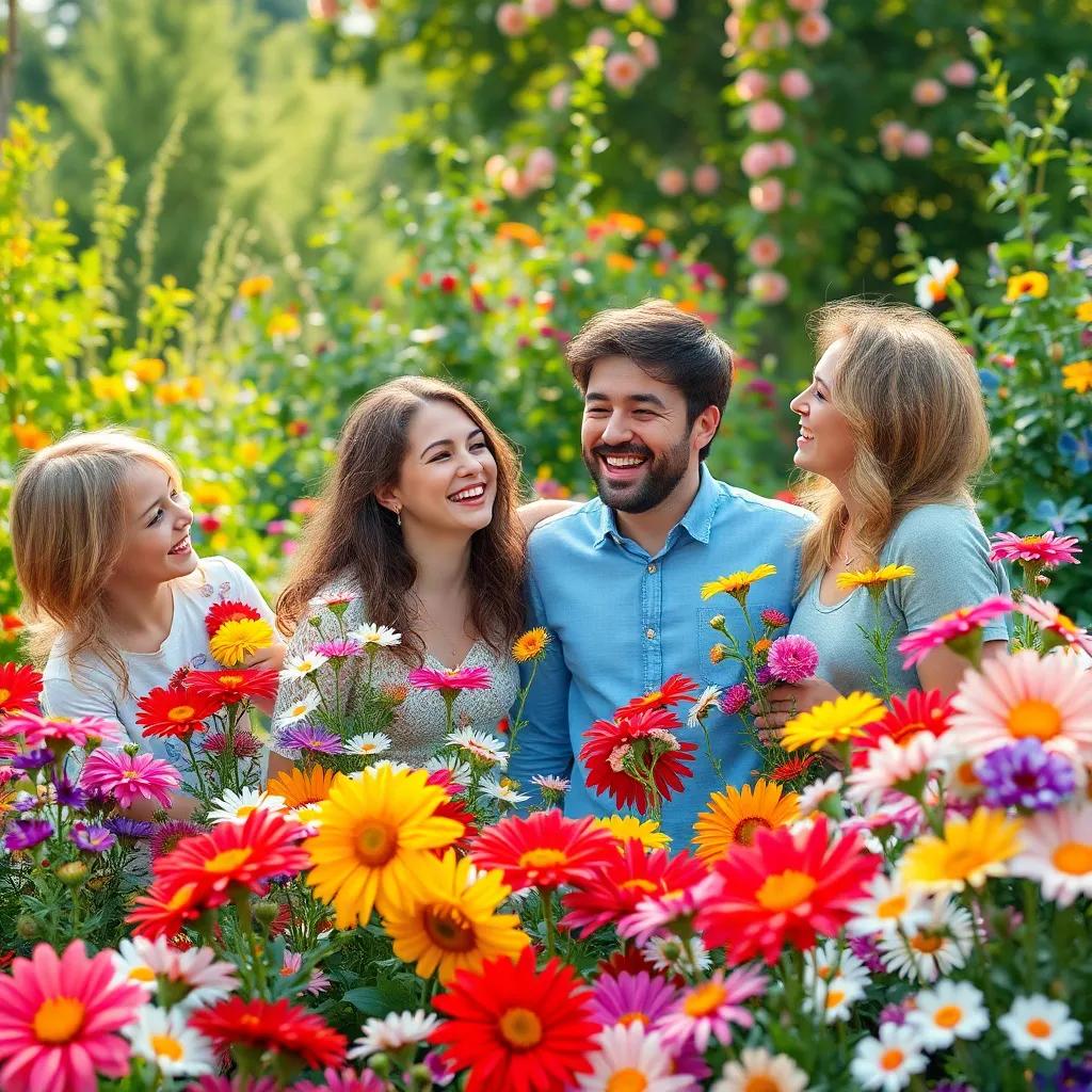 A celebration scene in the garden with all flowers together, full of colors and laughter, friendship theme, happy vibes, joyful perspective, bright illustration