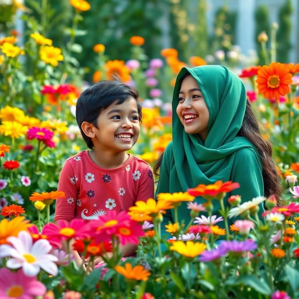 Sami and Leila laughing and enjoying their vibrant garden, filled with colorful flowers and harmonious friendships, child-friendly, colorful, cheerful atmosphere