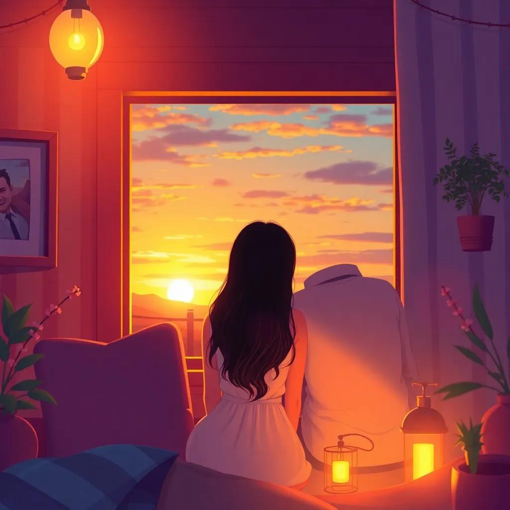 A couple in a cozy, intimate setting, discussing love during a sunset, with warm light and vibrant colors, a sense of hope and connection, elegant illustration, romantic atmosphere, inviting perspective, high quality