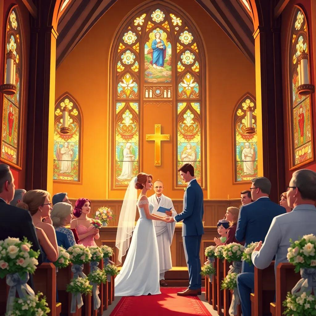 A warm church interior decorated for a wedding, with the couple exchanging vows under beautiful stained glass windows, family and friends smiling, joyous celebration, detailed digital art, bright and colorful, uplifting mood, high quality