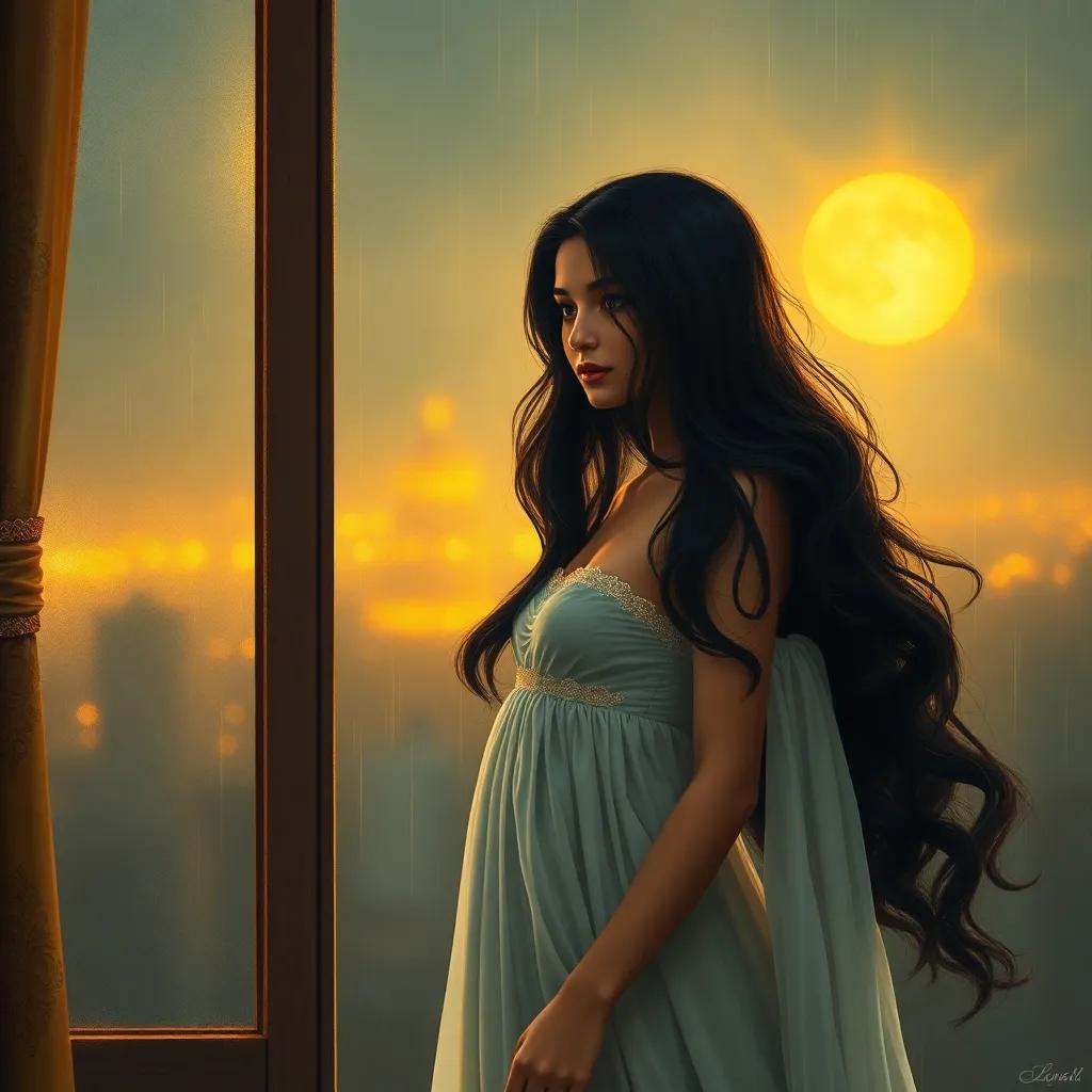 In the golden moonlight, a beautiful young Arab woman, Lina, with long black hair, wearing a flowing nightgown, standing by a window with raindrops, soft light, warm colors, romantic atmosphere, high quality