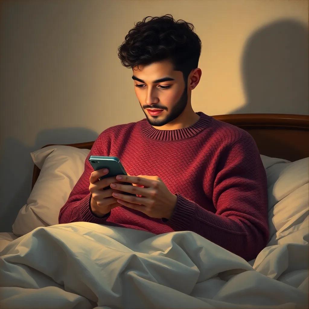 A young Arab man, Adham, with short curly hair, wearing a cozy sweater, sitting on a bed with a smartphone, looking at a romantic message, warm light, soft colors, intimate setting, high quality