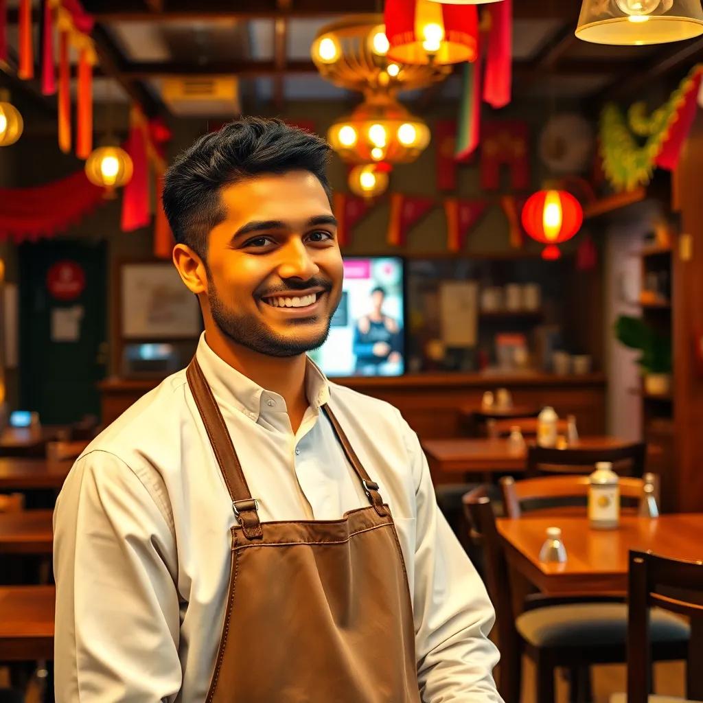 A young Arab man, Mohammed, with short black hair, wearing a white shirt and apron, smiling at a customer in a cozy restaurant with wooden tables and colorful decorations, vibrant atmosphere, warm light, high quality