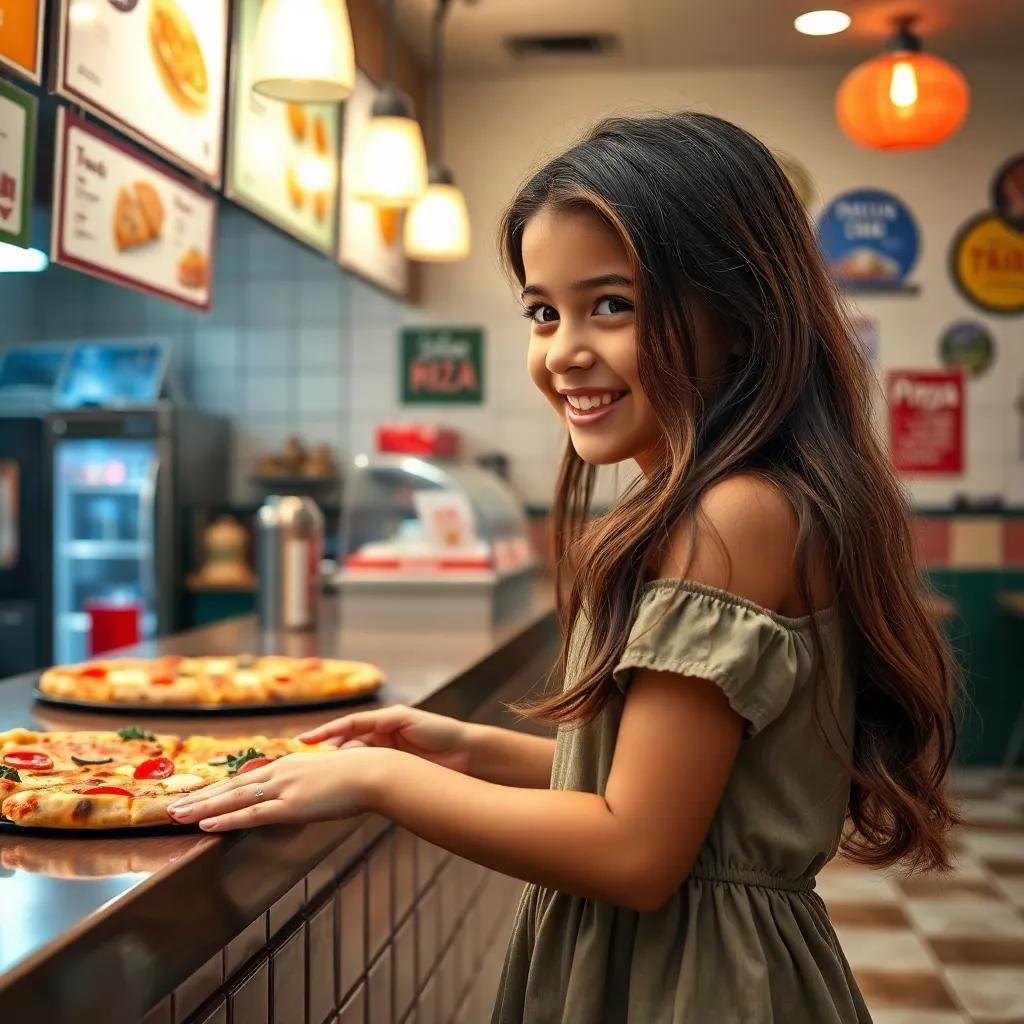 A young Arab girl, Zain, with long brown hair, wearing a casual dress, joyfully ordering pizza at a small restaurant counter, decorated with food menus and bright lights, cheerful setting, inviting atmosphere, high quality