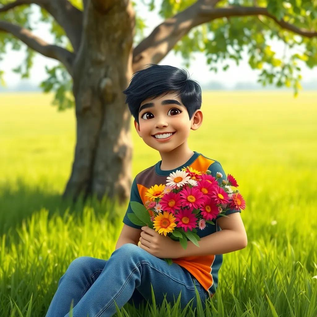 A young Arab boy, Sami, with short black hair, wearing a colorful t-shirt and jeans, smiling brightly while holding a bouquet of flowers, sitting under a large tree in a green field, cheerful atmosphere, digital art, vibrant colors, high detail