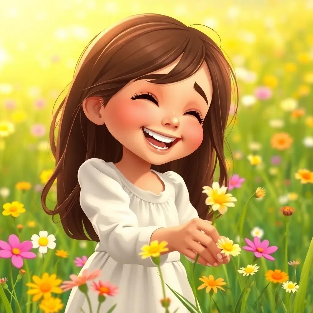A young Arab girl, Leila, with long brown hair wearing a light summer dress, laughing joyfully as she picks flowers in a sunny meadow, colorful flowers around her, warm light, high quality, child-friendly theme