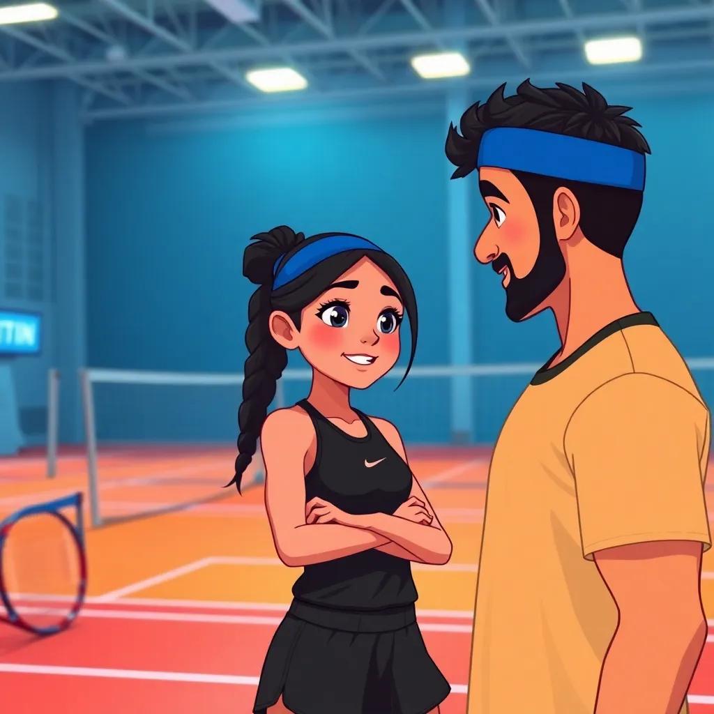 A young Arab girl, Manal, with athletic build and pink skin, wearing a black tennis outfit, talking to her coach Ahmad in a well-lit training camp room, showing determination and excitement, digital art, vibrant colors, energetic atmosphere