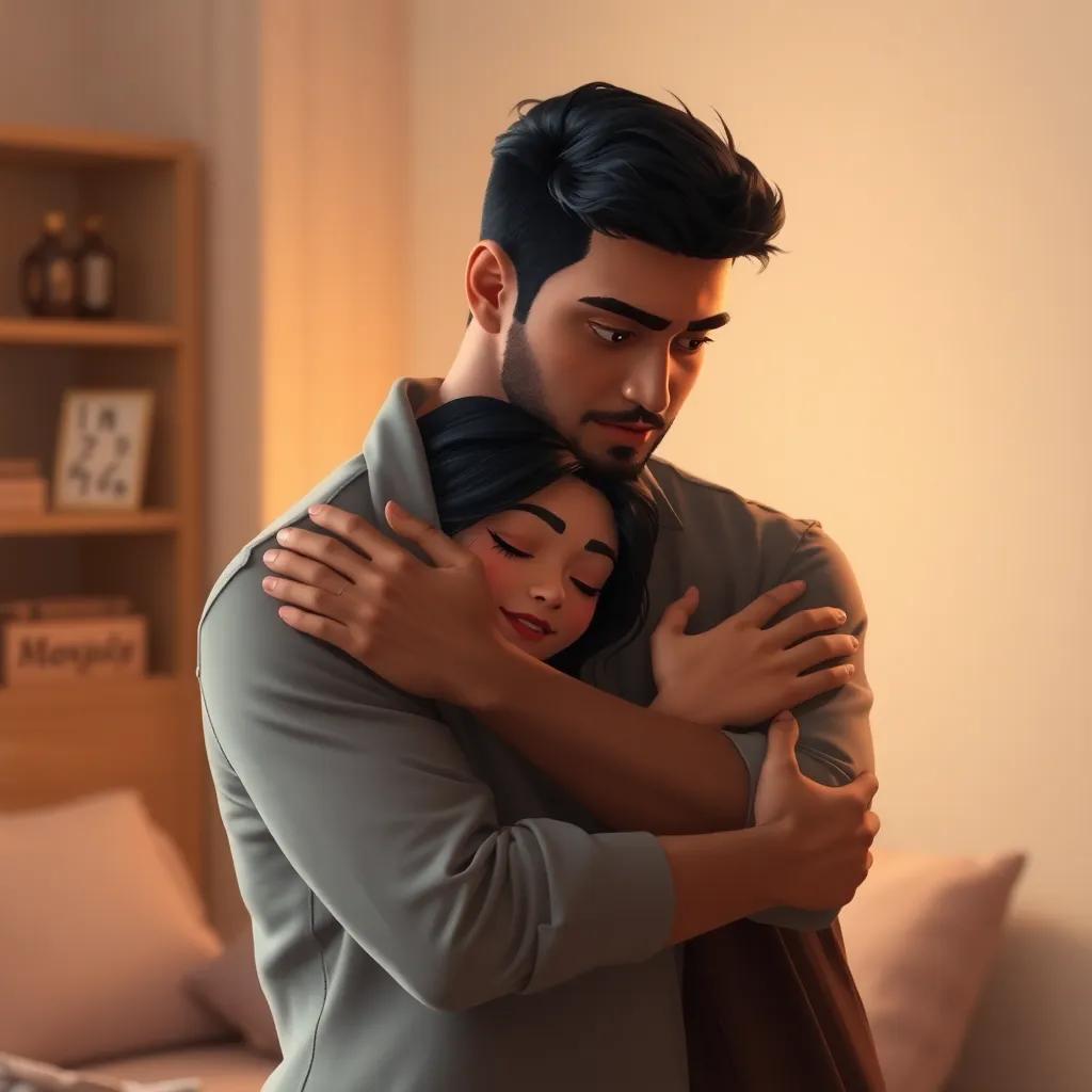 Ahmad, a young Arab man, with strong build and dark hair, wearing a casual shirt, comforting Manal in the room, as they share heartfelt emotions, soft lighting, warm tones, intimate setting