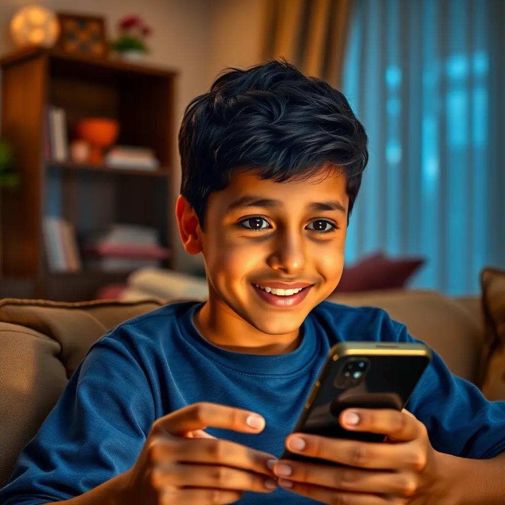 A young Arab boy, Sami, with short black hair wearing a blue shirt, sitting on a couch with a phone in his hand, looking intrigued, in a cozy living room, warm lighting, colorful decorations, inviting atmosphere, happy expression