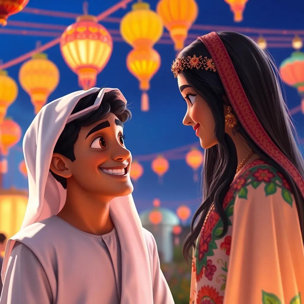 A young Egyptian man, Ahmad, with short black hair, wearing a white thobe, smiling and looking at a beautiful Moroccan girl, Iman, with long dark hair and a colorful dress, surrounded by festival decorations, vibrant colors, joyful atmosphere, digital art, detailed, high quality