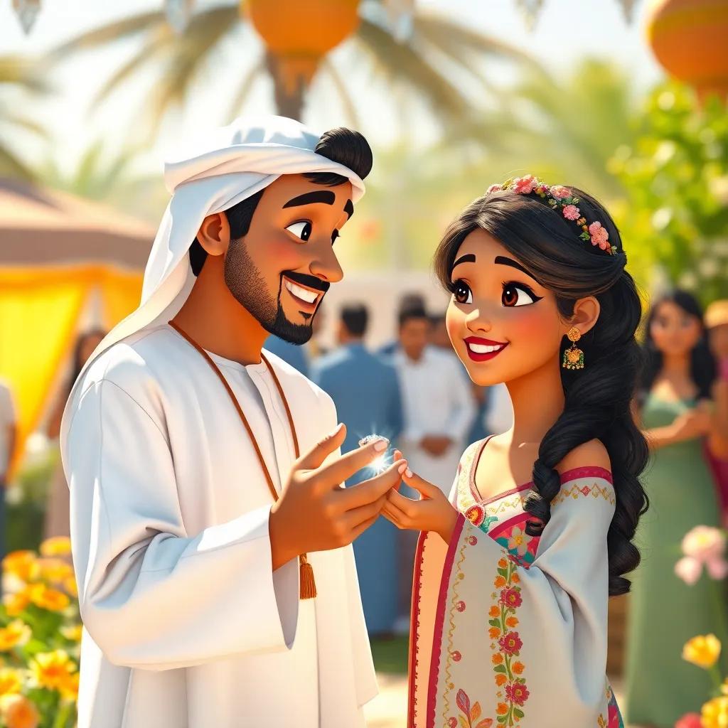 Ahmad, a young Egyptian man with short black hair in a white thobe, holding a sparkling ring and smiling at Iman, a beautiful Moroccan girl, with long dark hair, wearing a colorful dress, in a sunny outdoor setting with flowers and happy guests around, bright light, cheerful scene, digital art, fantasy, high quality