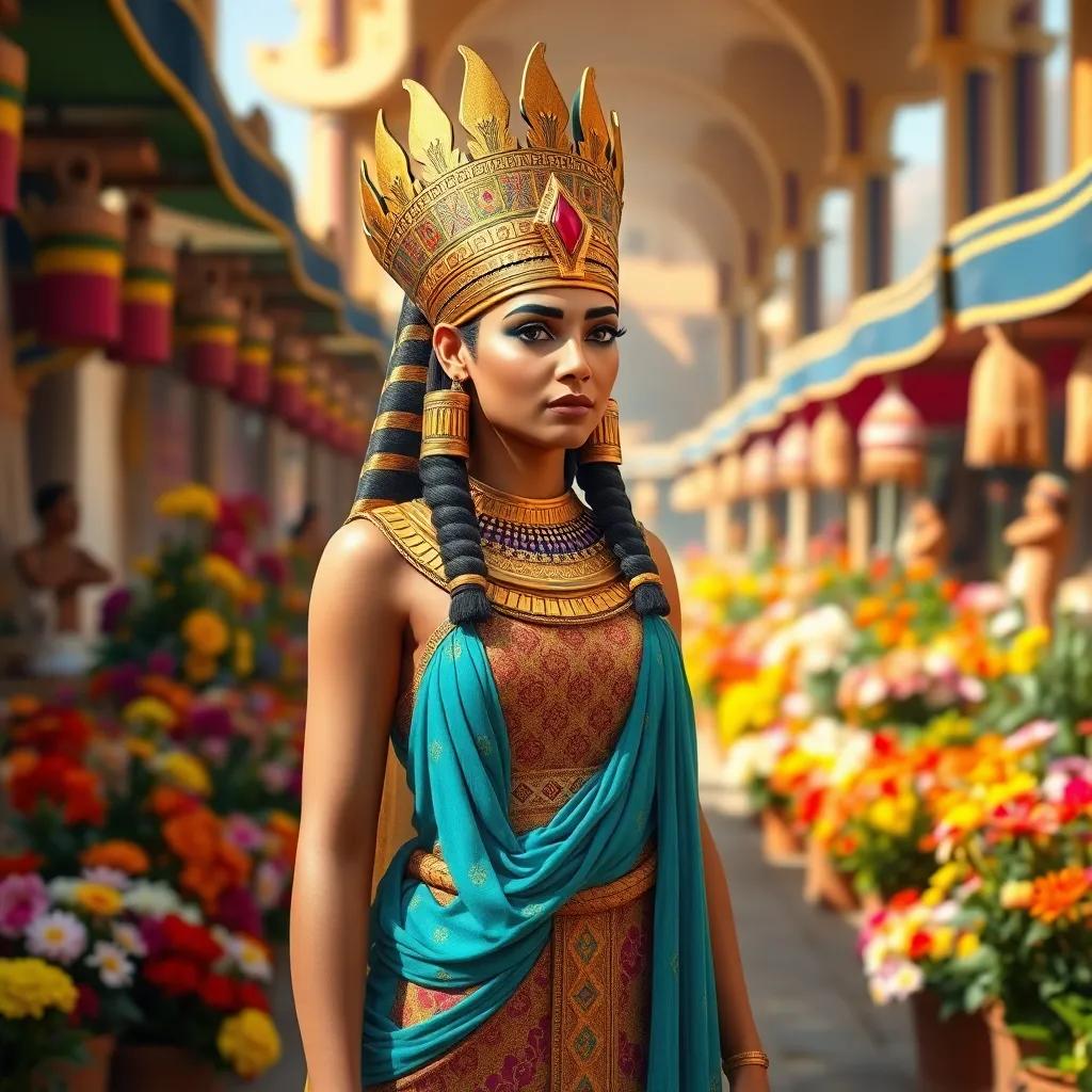 A strong queen named Hatshepsut wearing a beautiful gown and a golden crown, standing in a vibrant ancient Egyptian marketplace full of colorful flowers, digital art, bright colors, cheerful atmosphere, high quality