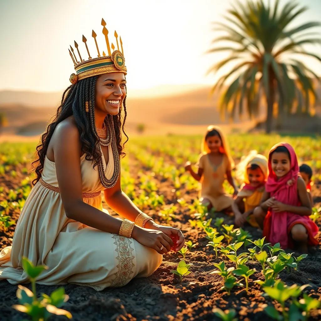 Hatshepsut, a strong queen in a flowing gown and golden crown, working in the fields with farmers and children planting seeds, joyful scene, warm sunlight, inspiring and friendly, high detail, vibrant colors