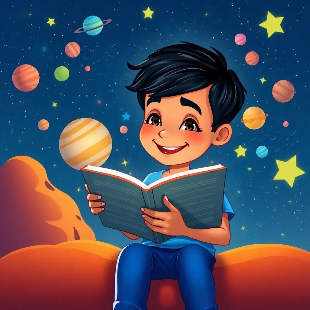 Ali, a young Arab boy with short black hair, wearing a blue t-shirt and jeans, happily reading a story about space with planets and stars around him, colorful and lively illustration, engaging atmosphere, high quality