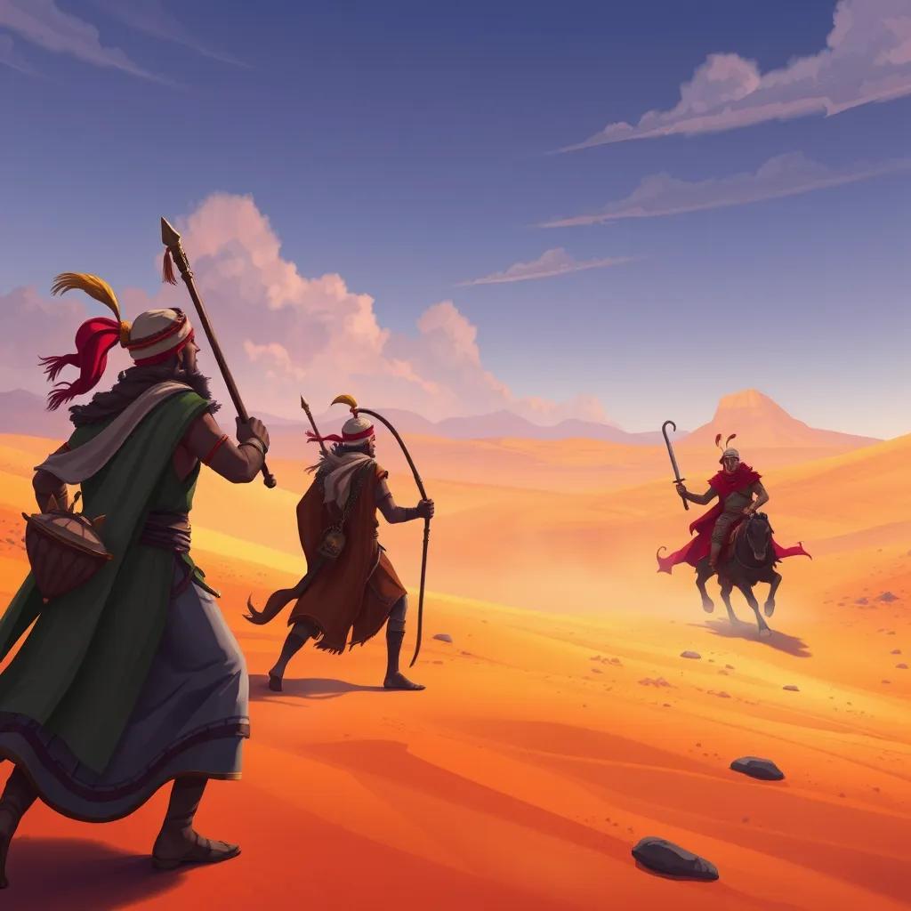 A desert scene with two tribes, Bakar and Taghleb, in the background preparing for battle, vibrant desert colors, detailed illustration, dramatic atmosphere