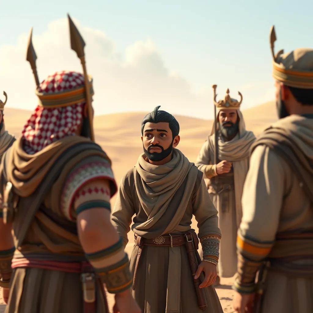 A brave warrior named Al-Muhalhil approaching the tribal chiefs, talking passionately, desert background, engaging composition, bright colors, inspiring vibe