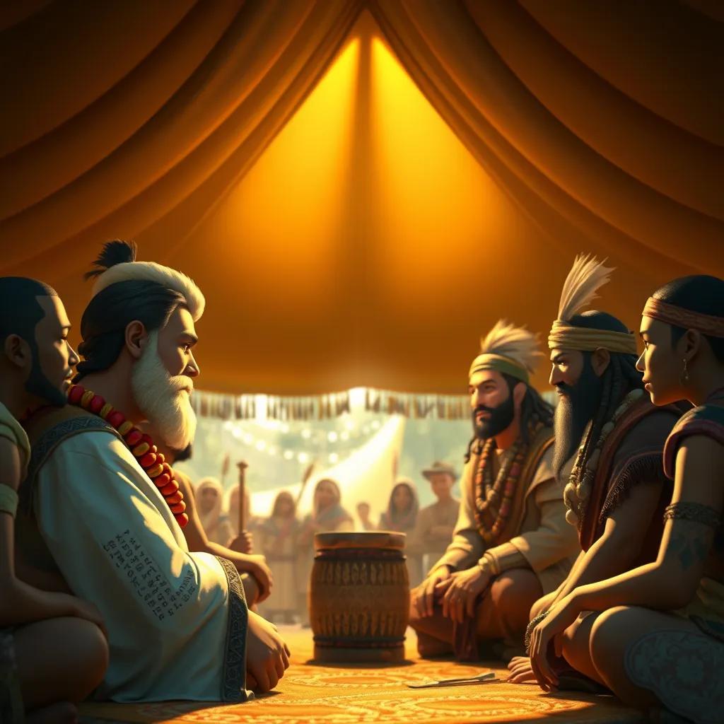 A gathering of two tribes under a large tent, with leaders discussing peacefully, expressions of hope and unity, warm light, inviting atmosphere, heartfelt