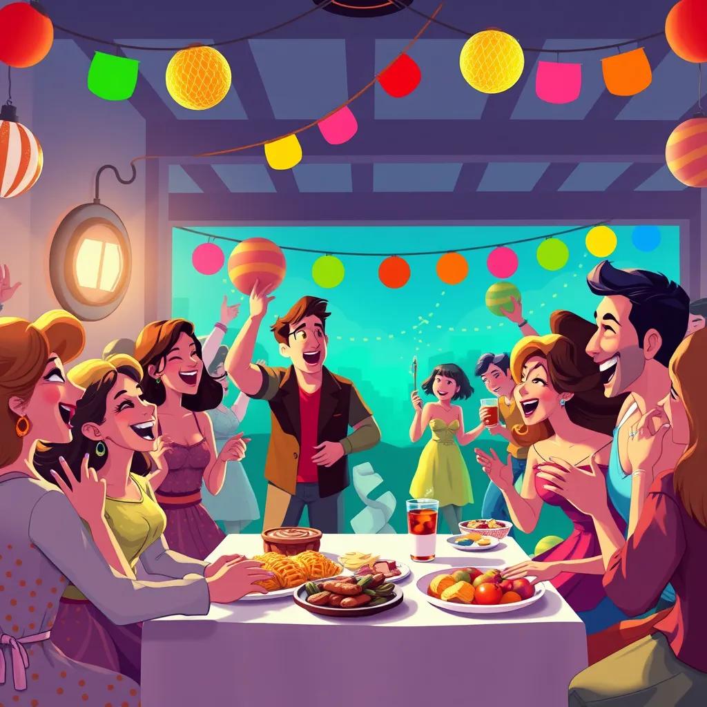 A colorful celebration scene after the war, with people dancing and sharing food, joy and laughter, festive colors, inviting and joyful ambiance, cheerful view