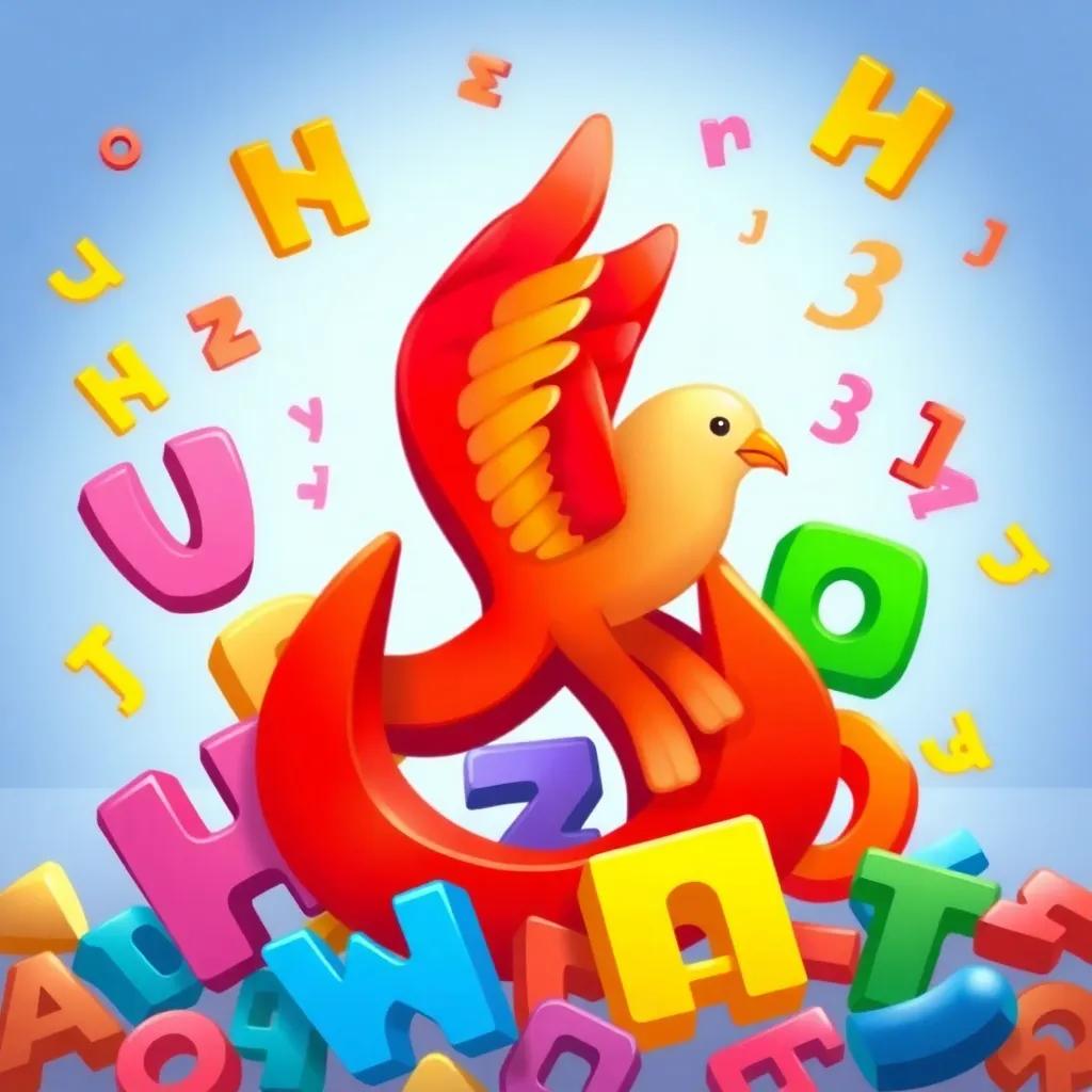 A beautiful, stylized depiction of the Arabic letter خ, shaped like a soaring falcon, surrounded by colorful letters in a joyful atmosphere, digital art, vibrant colors, high quality