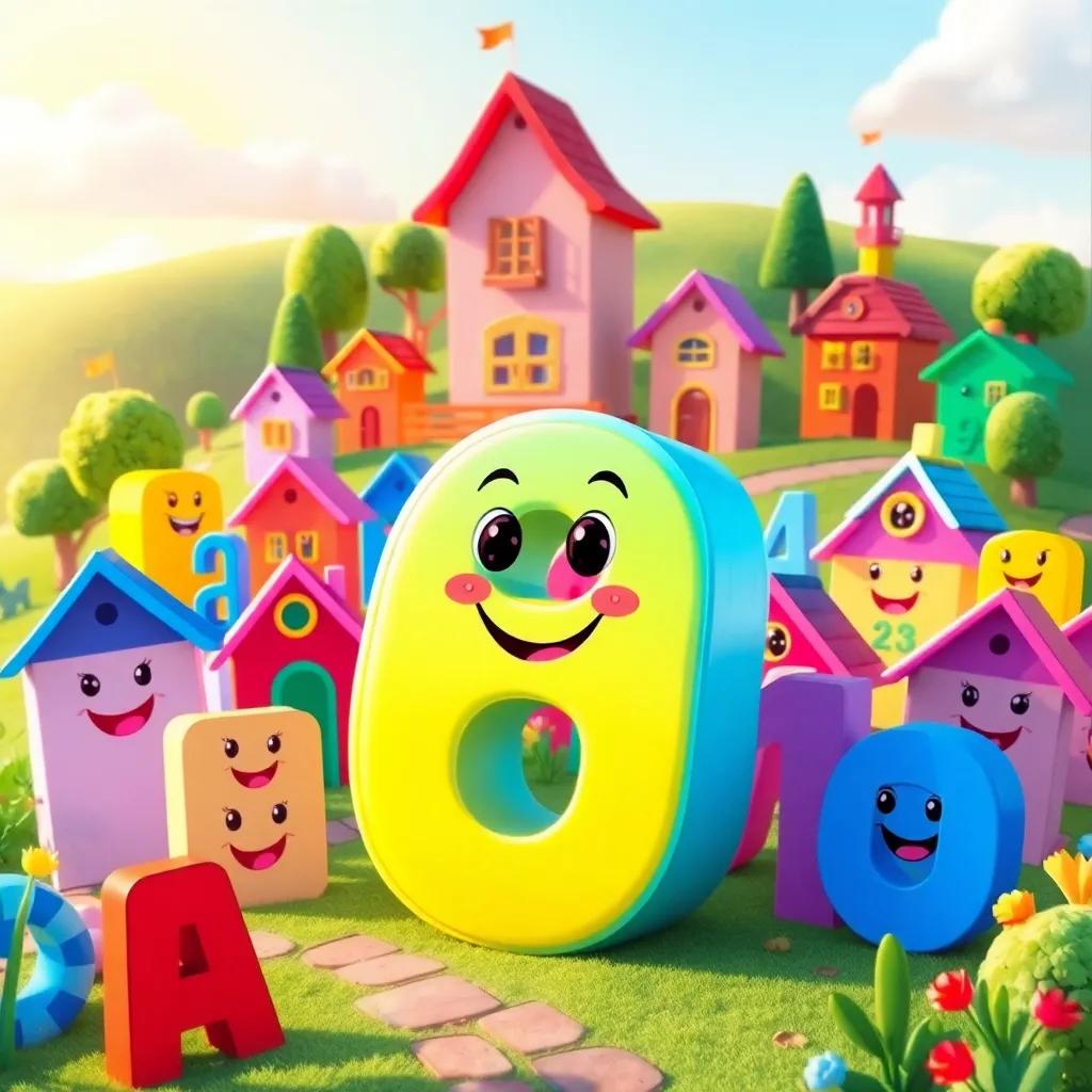A cheerful letter 'ر', in a colorful village of letters, surrounded by smiling letters, vibrant landscape, sunny sky, playful atmosphere, digital art, playful, bright colors, high quality