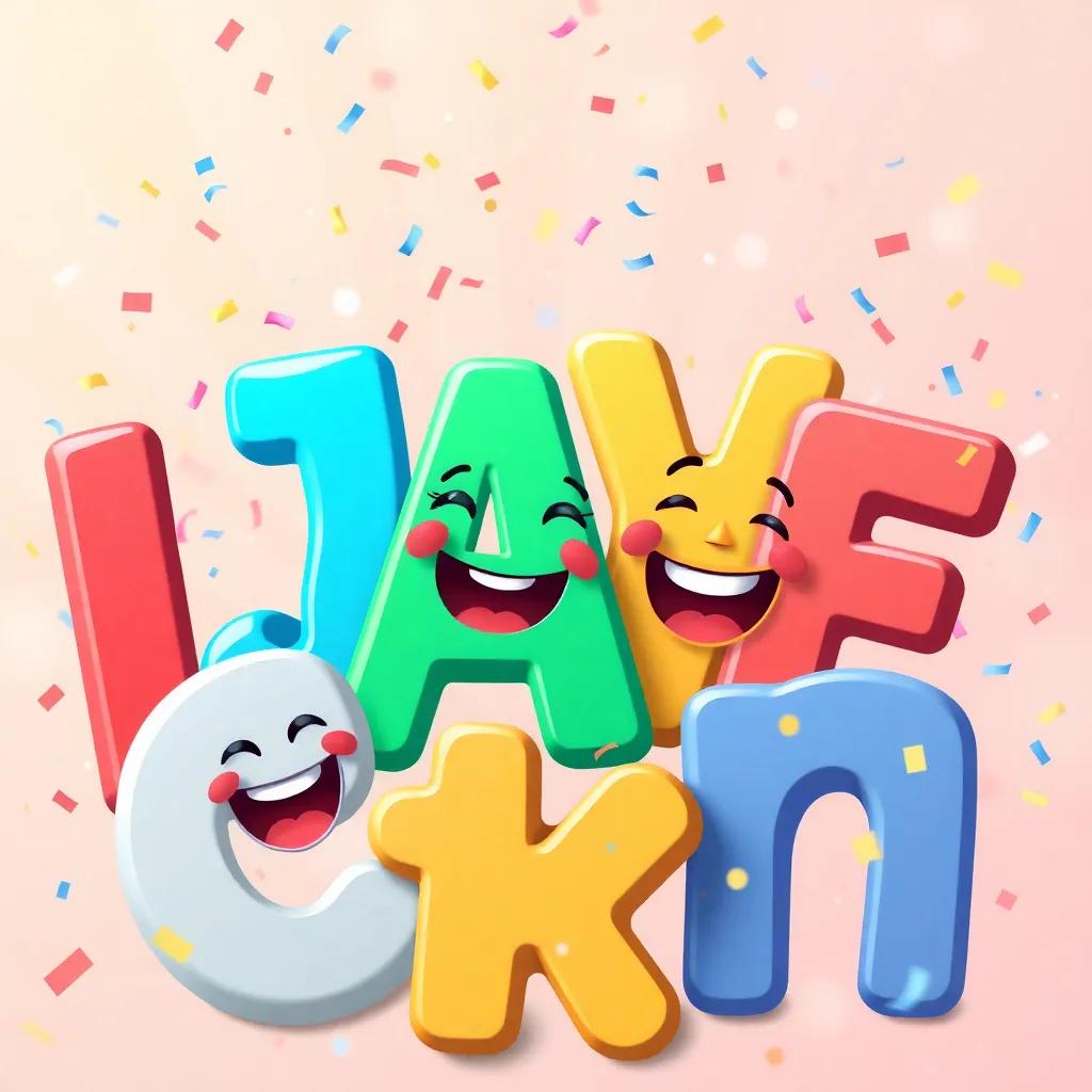 A joyful gathering of letters celebrating together, the letter 'ر' the happiest among them, confetti and laughter, colorful background, whimsical vibe, digital art, cheerful, high quality