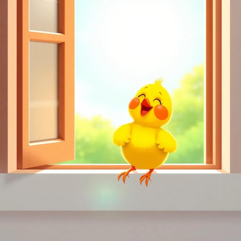 A cheerful yellow chick sitting on a window ledge, singing joyfully, with a bright sun shining in the background, digital art, vibrant colors, high quality