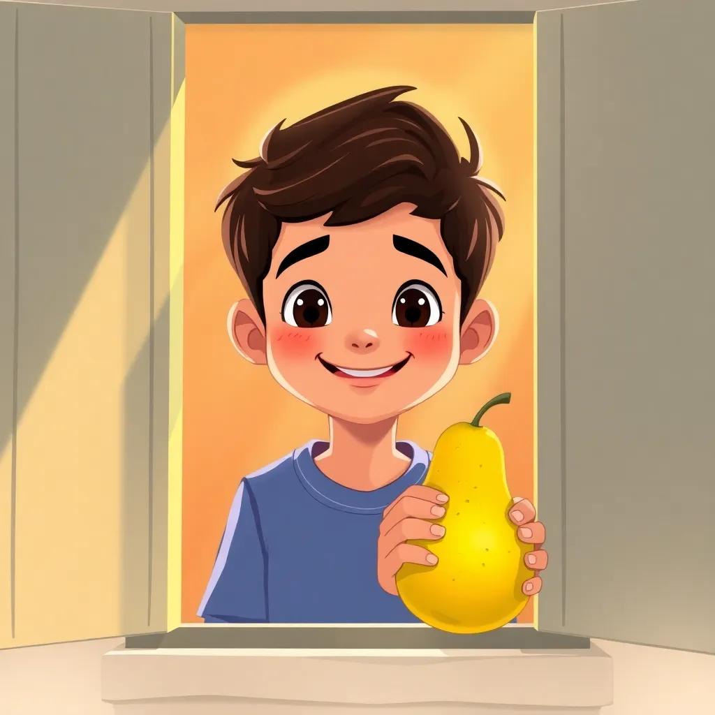 A young boy named Salih, smiling as he opens the window, holding a delicious pear, sunlight streaming in, warm and inviting atmosphere, illustration, cheerful and friendly