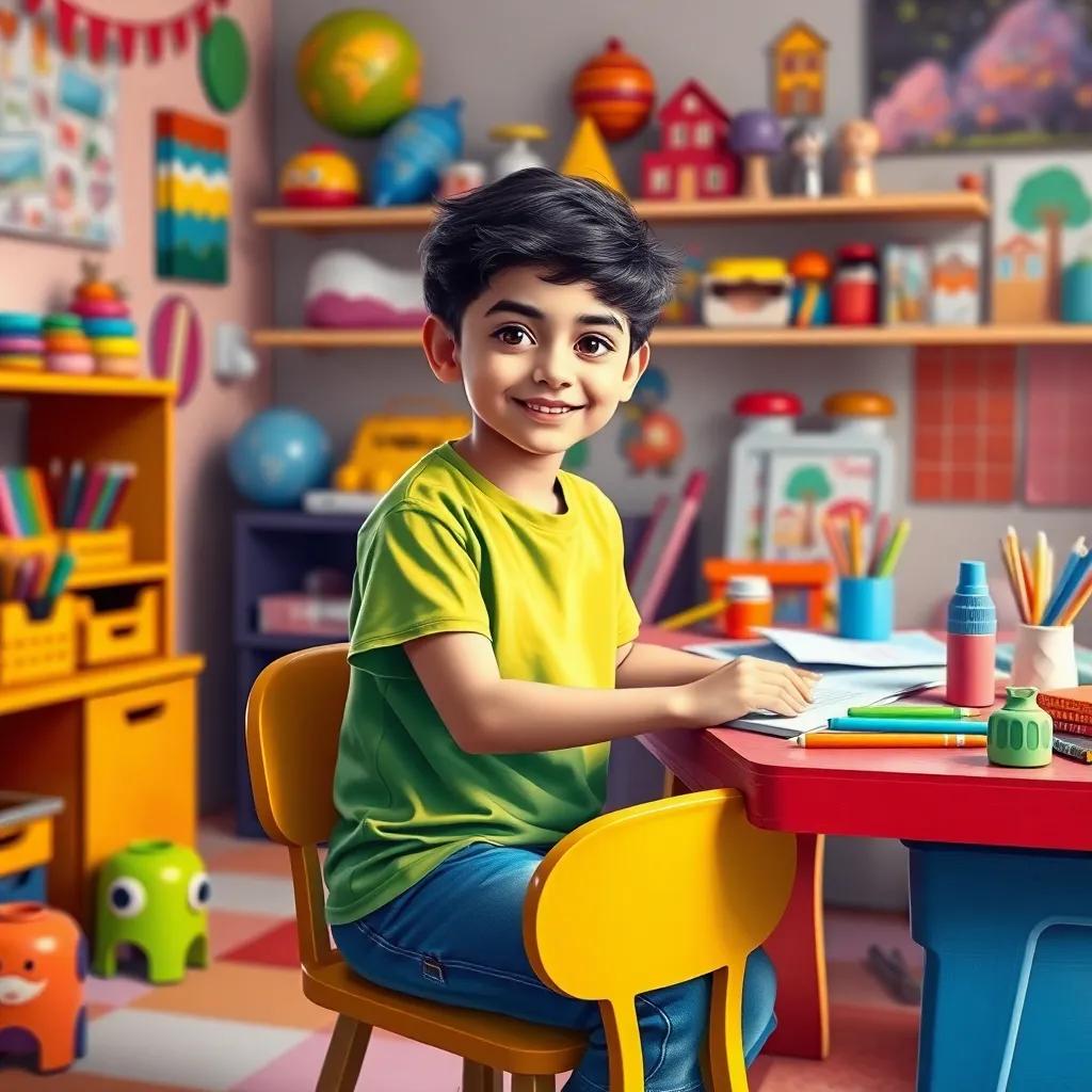A young Arab boy, Sami, with short dark hair, wearing a bright t-shirt and jeans, sitting at a colorful desk in his room filled with toys and art supplies, with a smile, digital art, cheerful atmosphere, vibrant colors, high quality