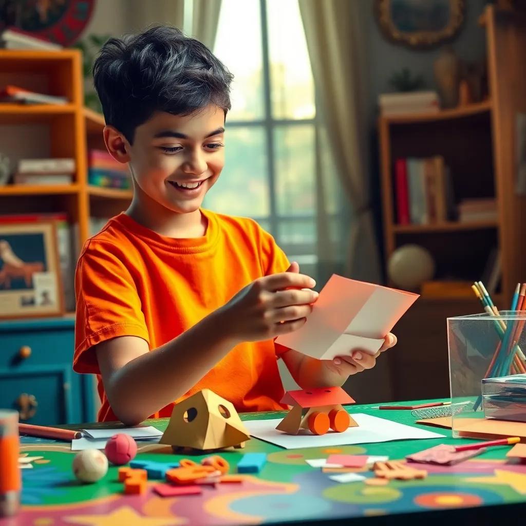 Sami, a young Arab boy with short dark hair in a bright t-shirt and jeans, crafting a toy from paper at his colorful desk, showing excitement, warm light, creative workspace, joyful scene, high quality