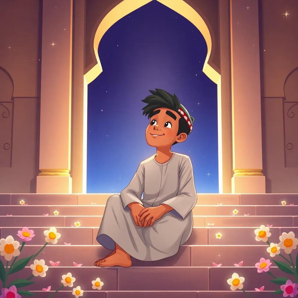 A young Arab man, Hassan, sitting on the steps of the mosque, looking relieved and peaceful, with a gentle light illuminating him, surrounded by flowers and stars, illustration, hopeful, uplifting