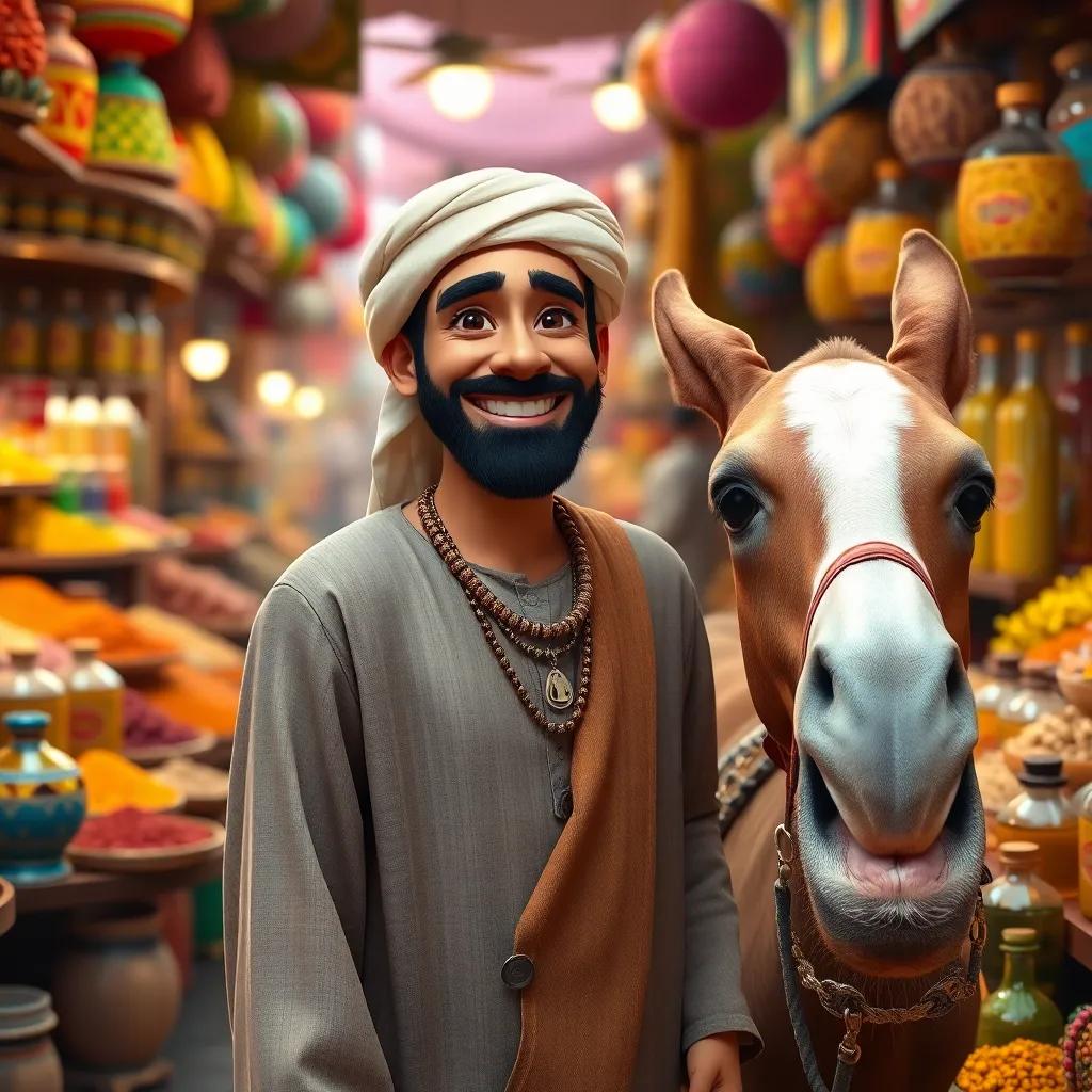A cheerful Arab man, Hassoun, with a joyful expression, wearing a traditional tunic, standing beside his donkey in a lively marketplace, surrounded by colorful spices and perfumes, digital art, vibrant colors, lively atmosphere, high quality