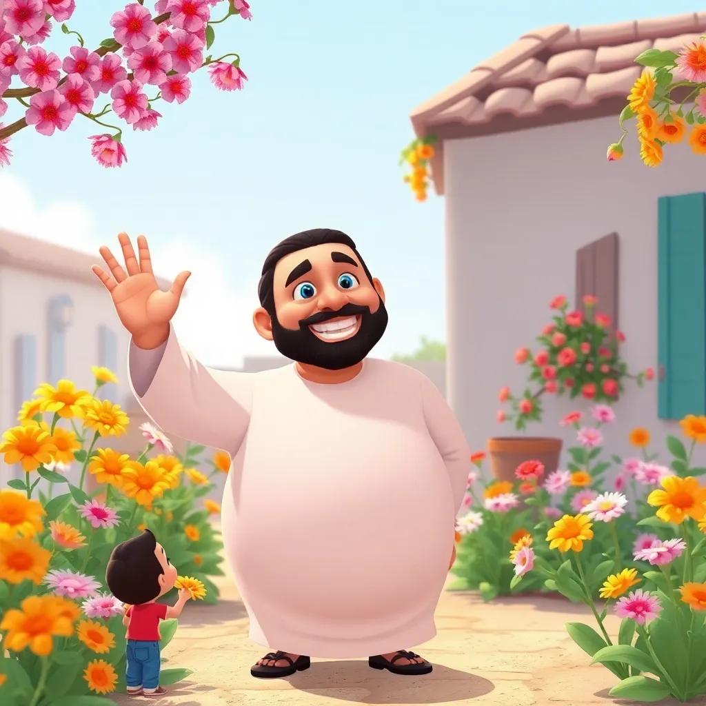 Hassoun, an Arab man with a round body, smiling as he waves to children in the neighborhood, with many flowers and licorice in the background, illustration, warm and friendly, cheerful tone, child-friendly